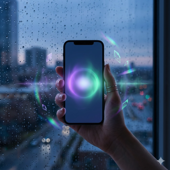 Siri con IA: mano sosteniendo un iPhone con el asistente de Apple activo y ondas de voz holográficas.